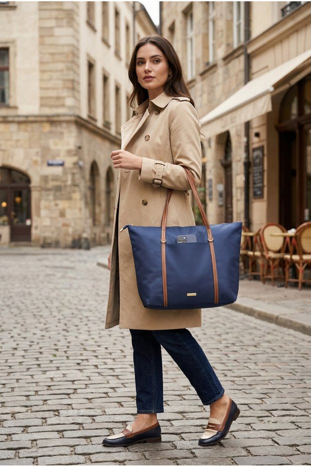 Women's Navy Blue Color Buzzy Fabric Shoulder Bag with Zipper, Large Internal Volume, Daily Use Bag - Front Pocket Detail