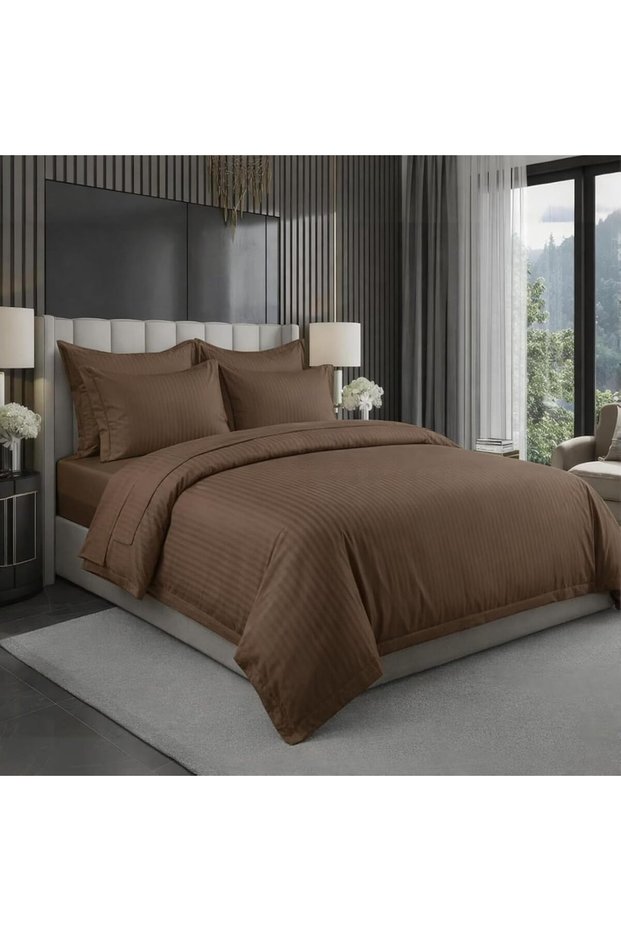 6 pcs Striped Duvet Cover Set Super king Size 240x260 Bedding Set – 1 Fitted Sheet, 1 Quilt Cover, 4 Pillowcases, Pink
