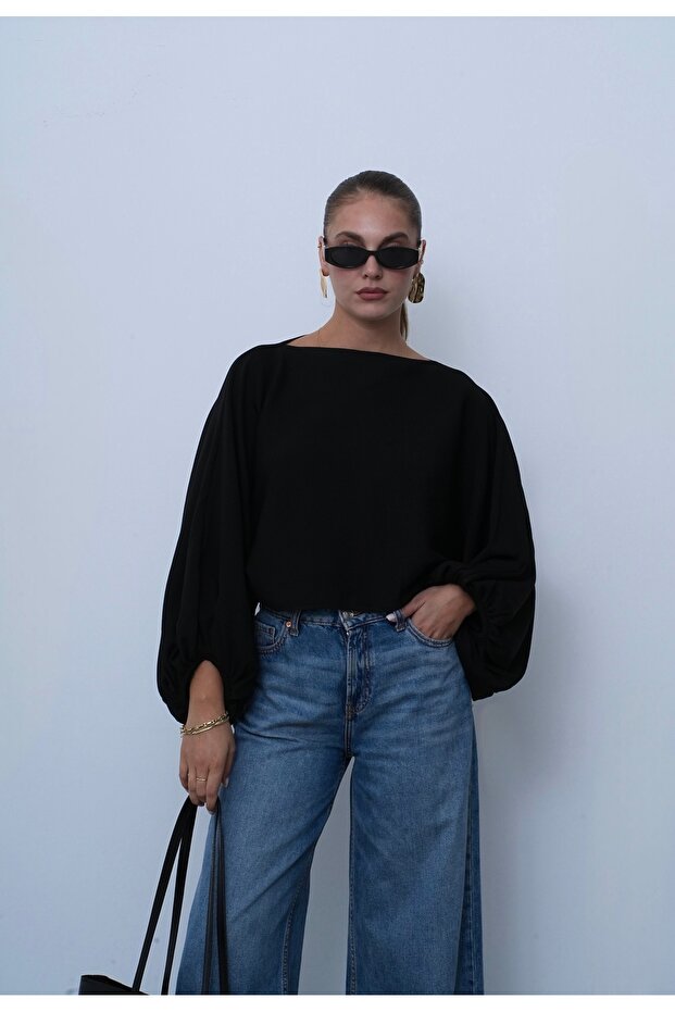 Women's Black Balloon Sleeve Detailed Knitwear Blouse