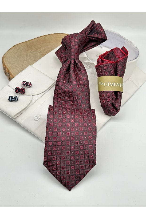 Classic Tie with Burgundy Patterned Handkerchief