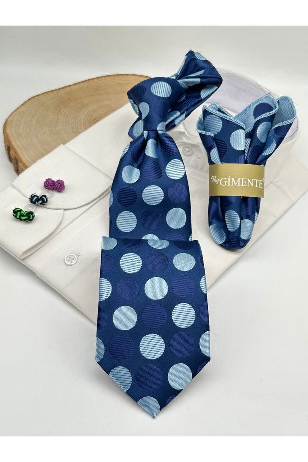 Navy Blue Polka Dot Classic Tie with Handkerchief
