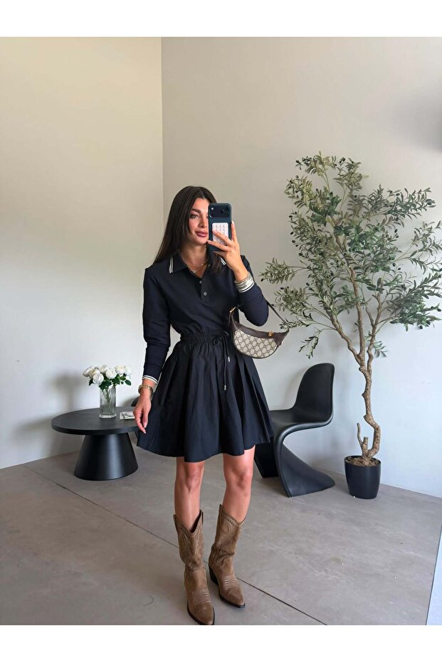 Navy Blue Drawstring Waist Polo Collar Dress