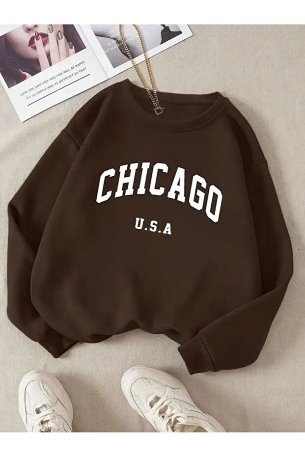 Chicago Printed Cotton 3 Thread Threaded Crew Neck Oversize Sweatshirt