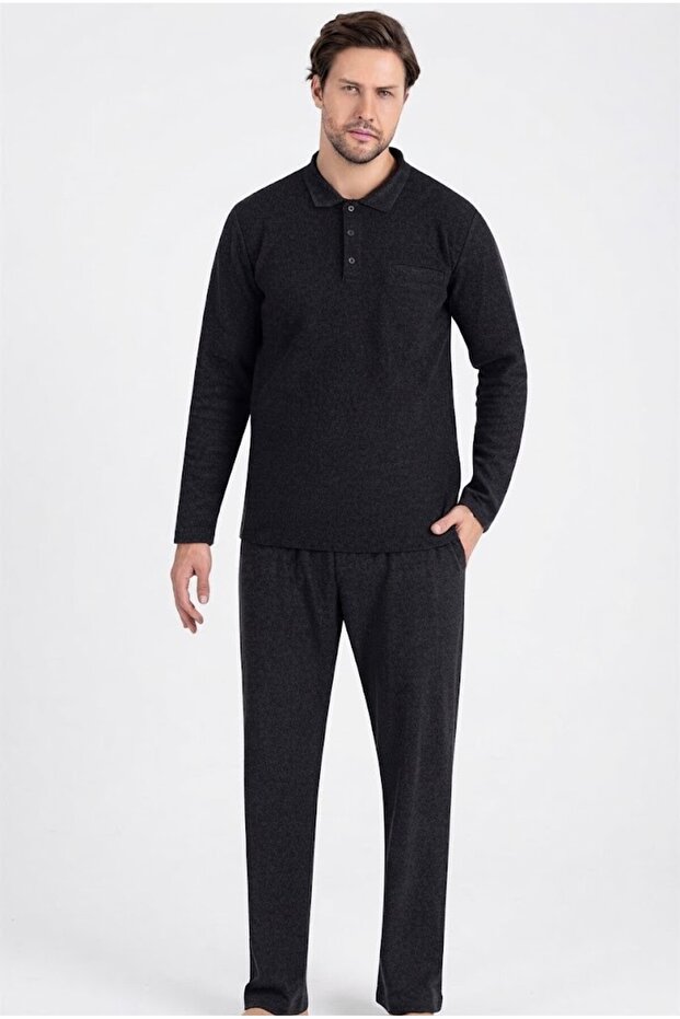 Men's 100% Cotton Anthracite Polo Collar Thessaloniki Woven Thick Winter Pajama Set