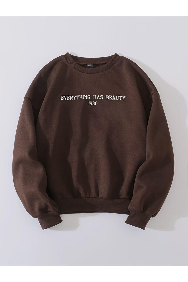 Everything Has Beauty Printed Cotton 3 Thread Threaded Crew Neck Oversize Sweatshirt