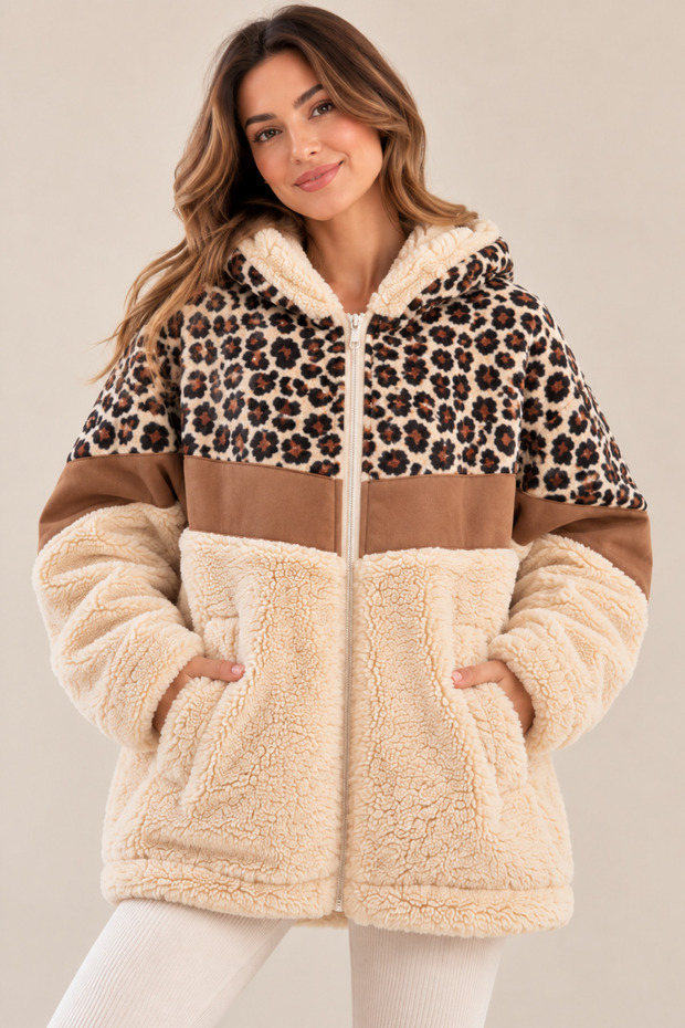 Women's Hooded Leopard Patterned Zippered Warm Plush Jacket with Fur Lining and Pockets