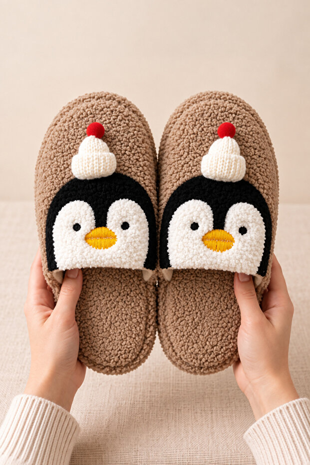 Women's Plush, Soft, Winter House Slippers with Penguin Figure