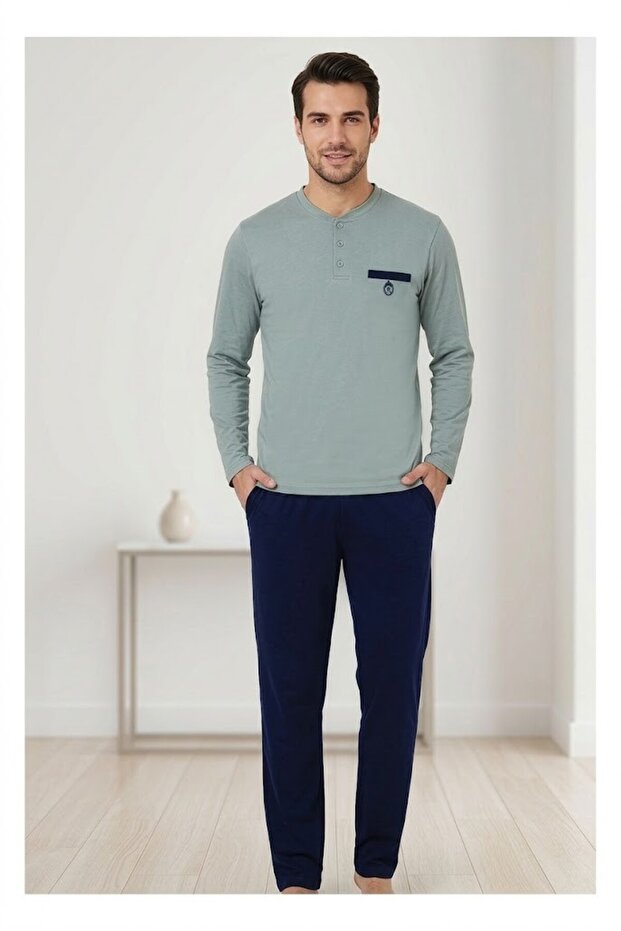 Men's Aqua Green 100% Cotton Combed Cotton Pajama Set, 3 Buttons, Crew Neck, Long Sleeves, Pocket Detail