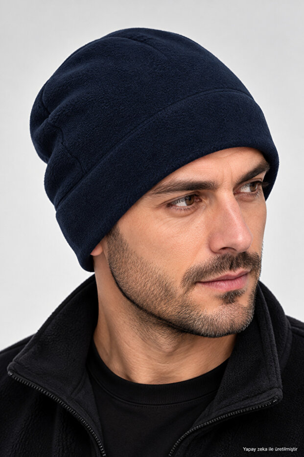 Men's Polar Fleece Beanie Winter Soft Textured Folded Warm Casual Outdoor Beanie