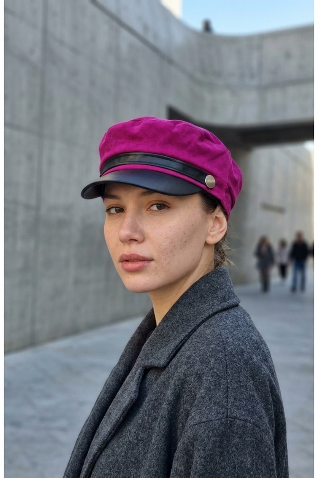Women's Suede Textured Leather Visor Captain Hat Vintage Cap Ribbon Detailed Winter Painter Hat Baker Boy Trend Accessory