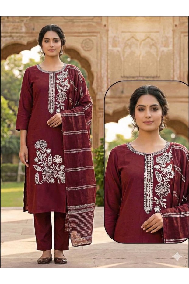 Maroon Roman Silk Floral Embroidered Kurta Set - VVB9553 | Maroon-Size:2XL-44-Inches