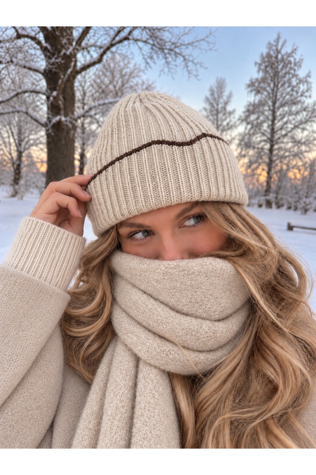 Beige Contrast Stripe Detailed Ribbed Knit Winter Beanie Bere1158