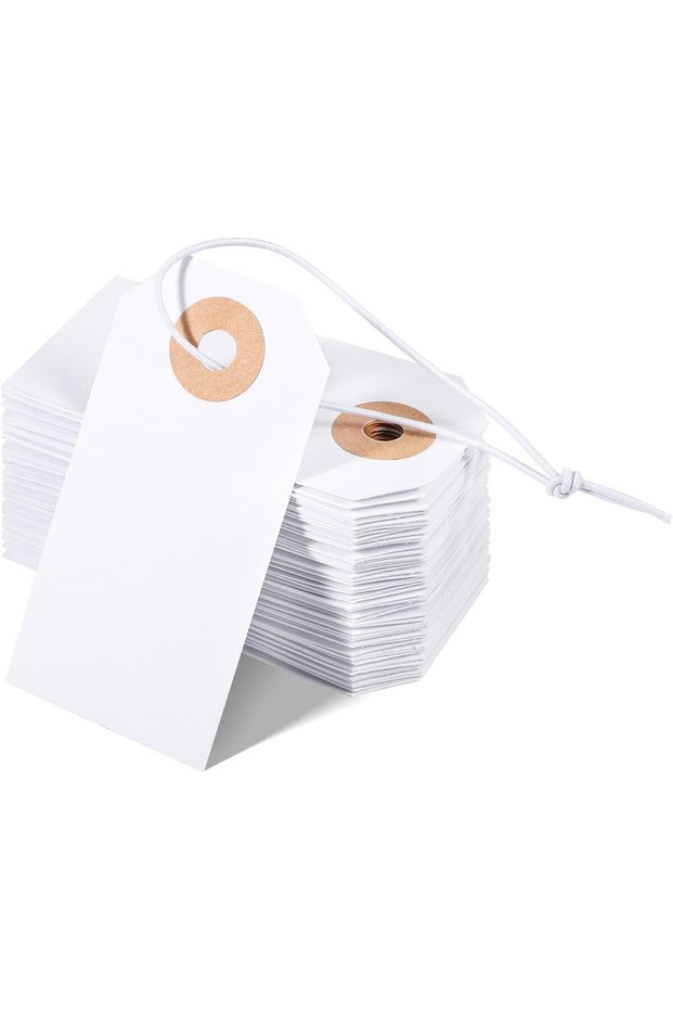 100 Pack Durable White Inventory Labeling Tags with Elastic String, 2.75"x1.37" - Writable Blank Ret