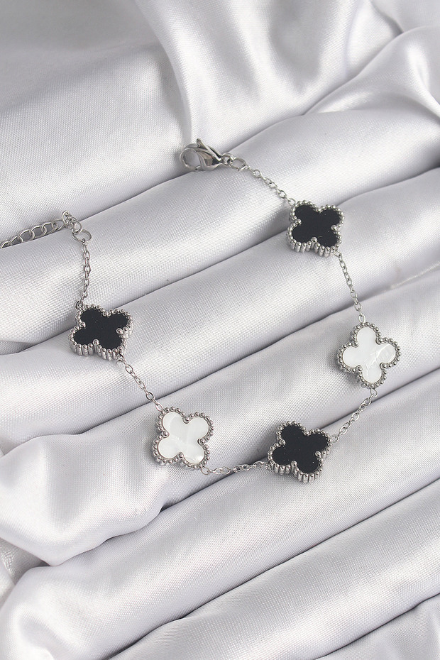 Silver Color Black and White Clover Model Women's Bracelet - Ebj260926W47036
