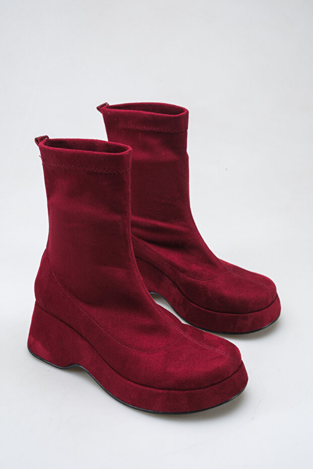 Burgundy Stretch Sock Boots Thick Sole Round Toe Casual Ankle Boots