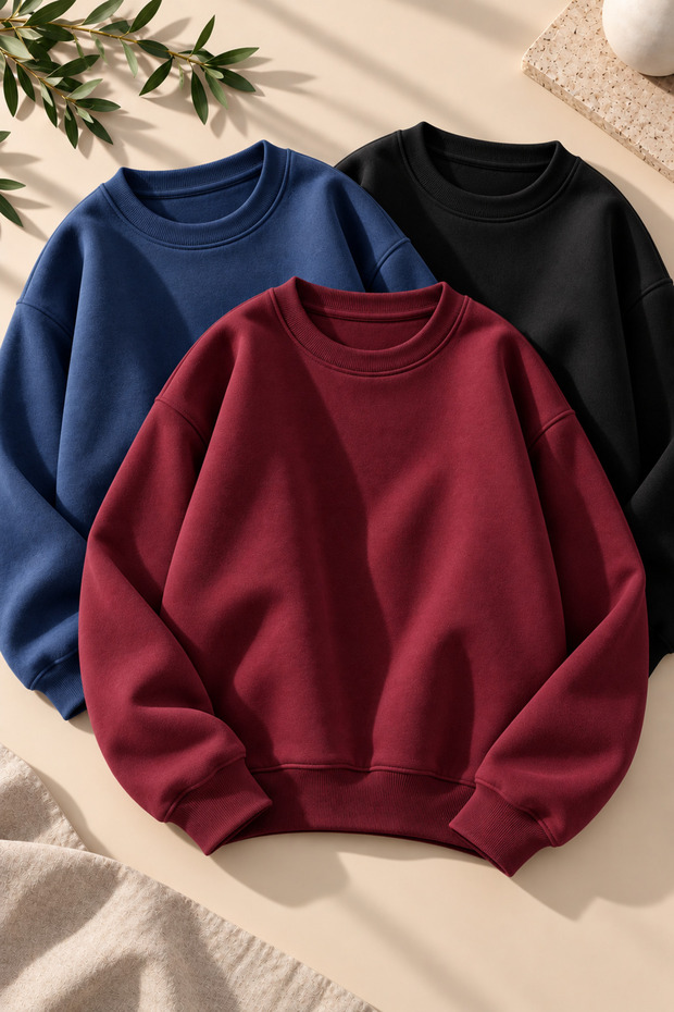 Unisex 3-Pack Soft Textured Unprinted Oversize 3 Thread Crew Neck Sweatshirt
