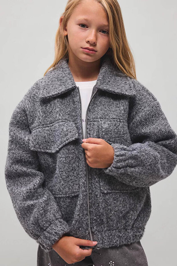 Polo Collar Pocketed Cashmere Gray Girls' Jacket H3100A8/Gr436
