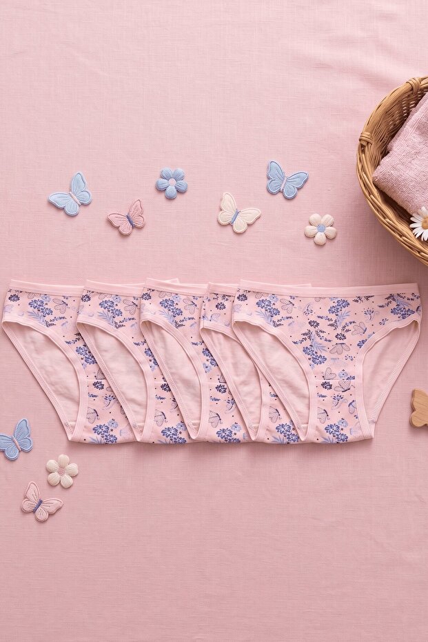 Girls' 5-Pack Floral Patterned Cotton Comfortable Fit Underwear Slip Panties Set