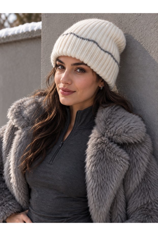 Ecru Contrast Stripe Detailed Ribbed Knit Winter Beanie Bere1158
