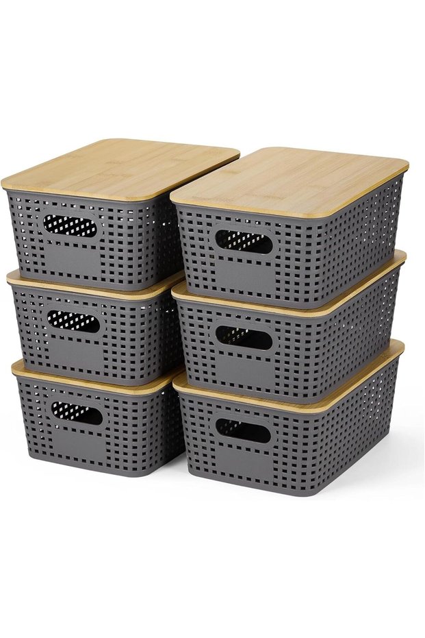 6 Pack Plastic Storage Baskets With Bamboo Lid - Plastic Storage Containers Stackable Storage bins: