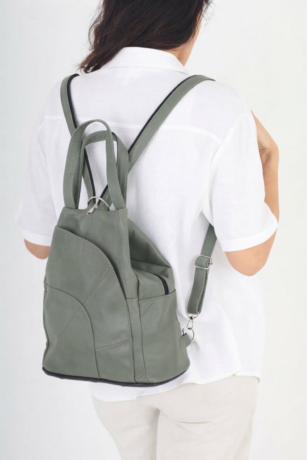 Genuine Leather Women's Aqua Green Backpack / Suitable for Use as a Multifunctional Shoulder Bag and Backpack