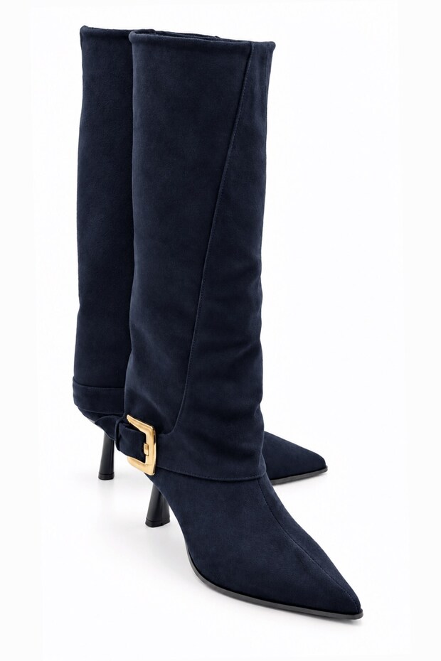 Emay Women's Suede Navy Blue Gold Buckle Bellows Pointed Toe Thin Heeled Below the Knee Slouchy Boots
