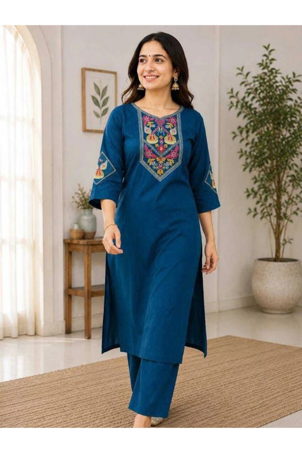 Blue Slub Cotton Embroidered Straight Kurta Pant Set - LRN9737 | Blue-Size:M-38-Inches