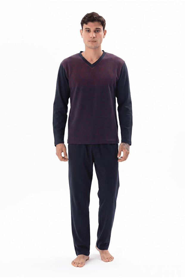 Men's Long Sleeve V-Neck Burgundy Pajama Set C3T0N662