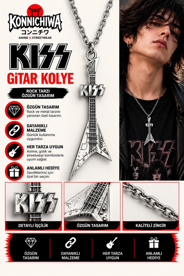 Kiss Guitar Necklace – Rock Metal Music Themed Figured Chain Necklace
