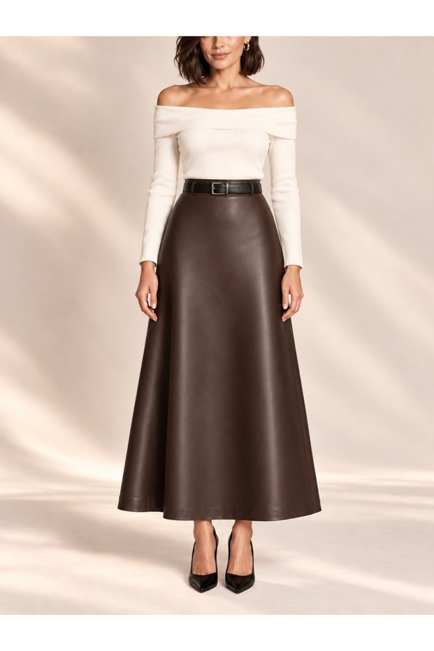 A-Cutted Belted Brown Leather Maxi Skirt