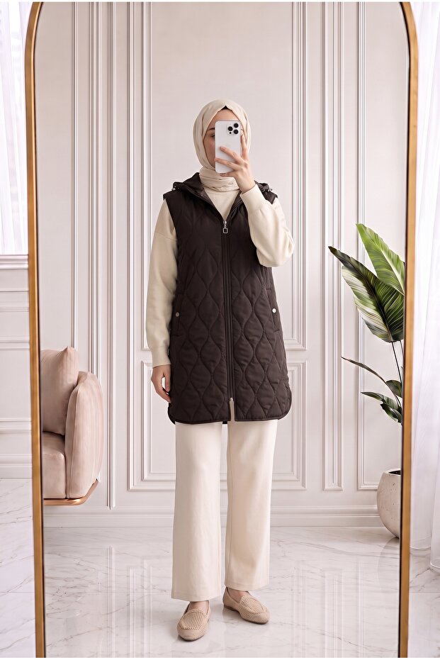 Leylanur Hooded Diamond Pattern Long Vest-En2220 Brown