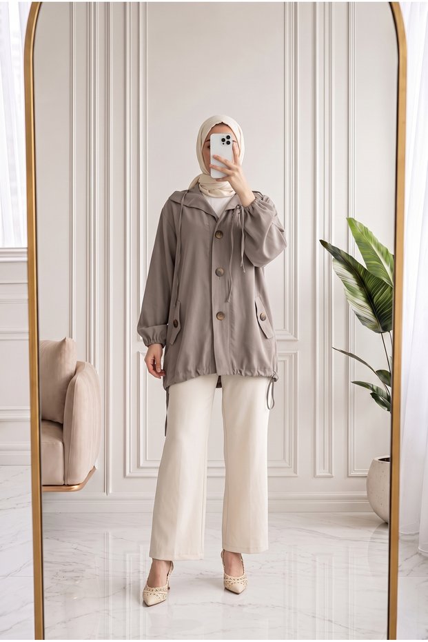 Nurbanu Collar and Sleeve Drawstring Pocketed Jacket-Nl1097 Mink
