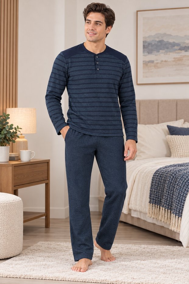 Men's Winter Pajama Set. Brioche Knit. Thick Fabric. 100% Cotton. Button-Down Collar. With Pockets. Charcoal Grey and Navy Blue Stripes