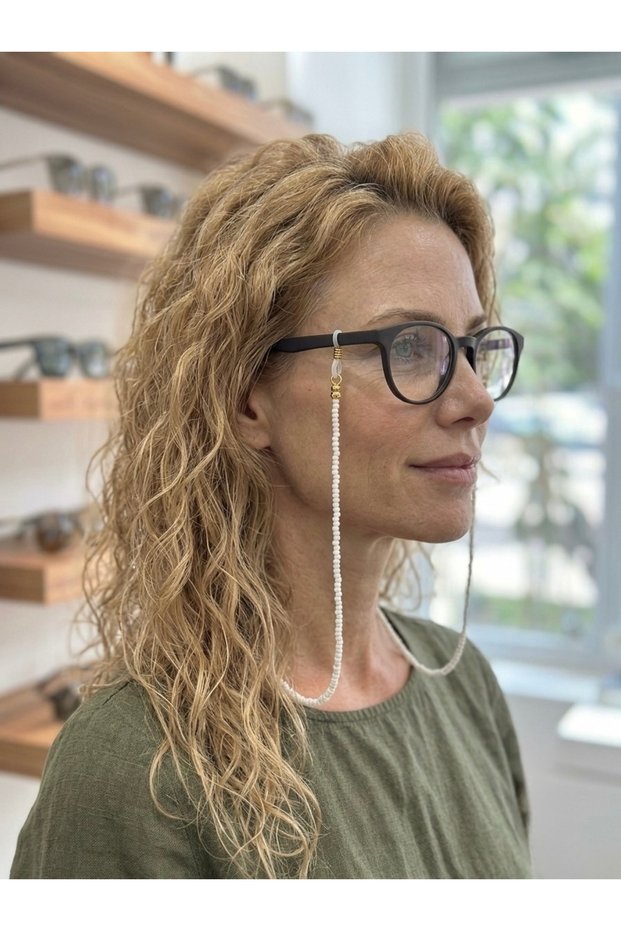 White Sand Glass Bead Eyeglass Strap 70 cm Compatible with Optical and Sunglasses
