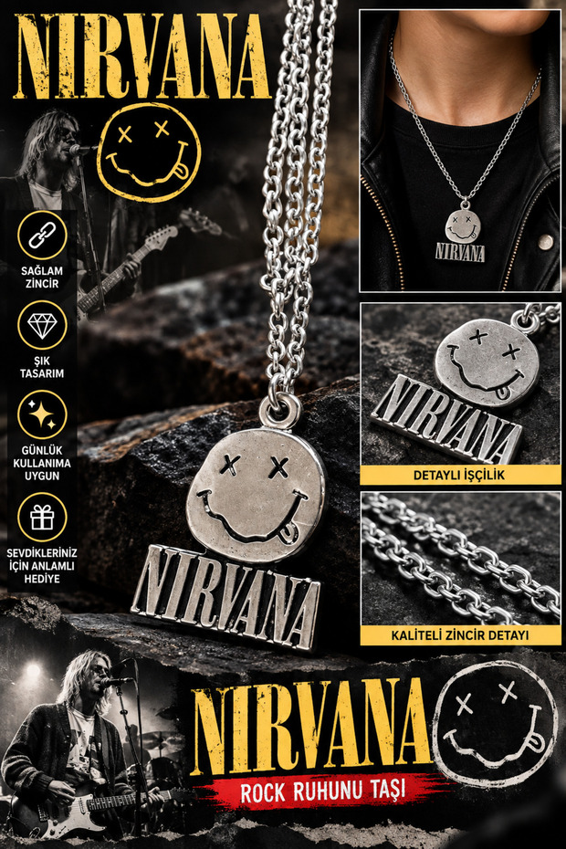 Nirvana Necklace – Smiley Logo Pena Guitar Grunge Rock Music Necklace