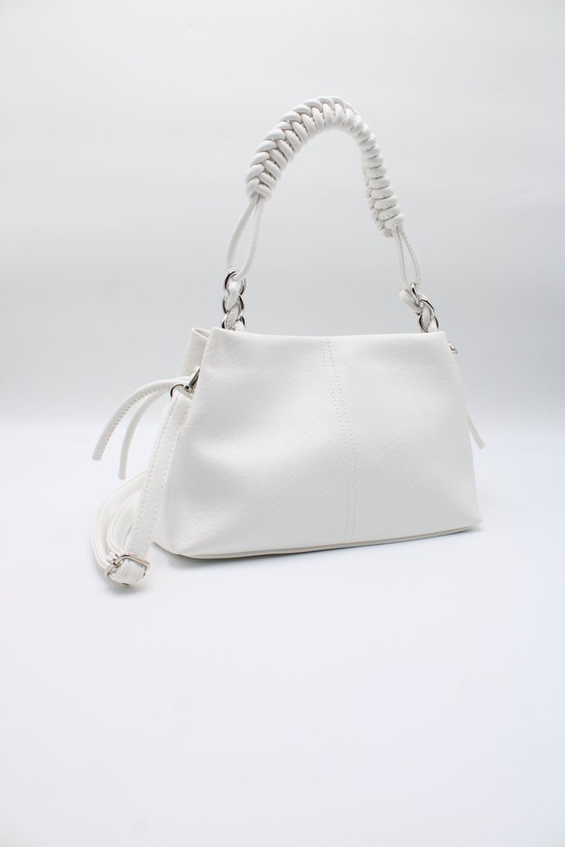 Women's White Knitted Strap Lined Zipper Closure Crossbody Hand, Arm and Shoulder Bag