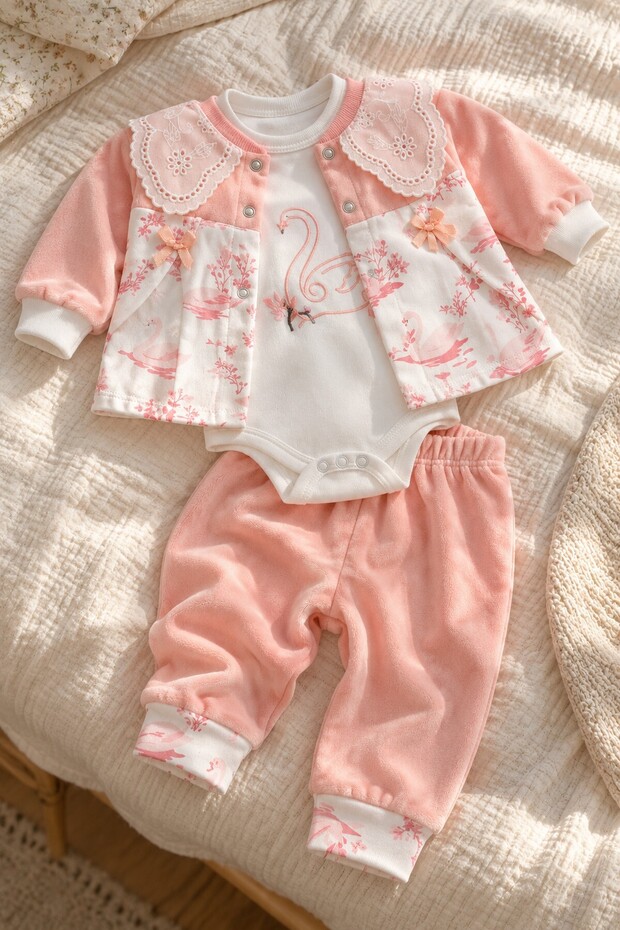 Baby Girl Set Swan Patterned Lace Collar 3-Piece Bodysuit Cardigan Trousers Velvet Set Seasonal