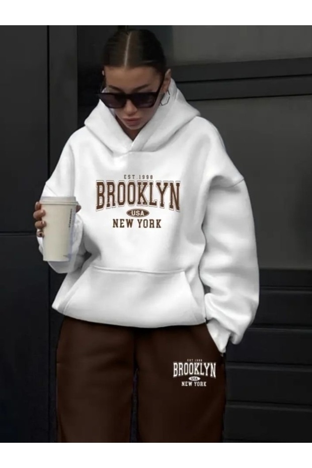 Women's - Men's Brooklyn Printed 3 Threaded Yarn Hooded and Bottomed Tracksuit Set