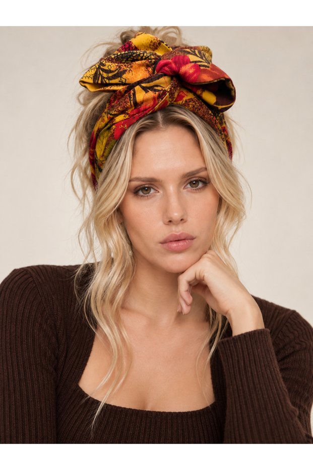 Autumn Patterned Stringed Hair Band – Mustard Yellow Burnt Orange Leaf Patterned Shapable Bow Bandana