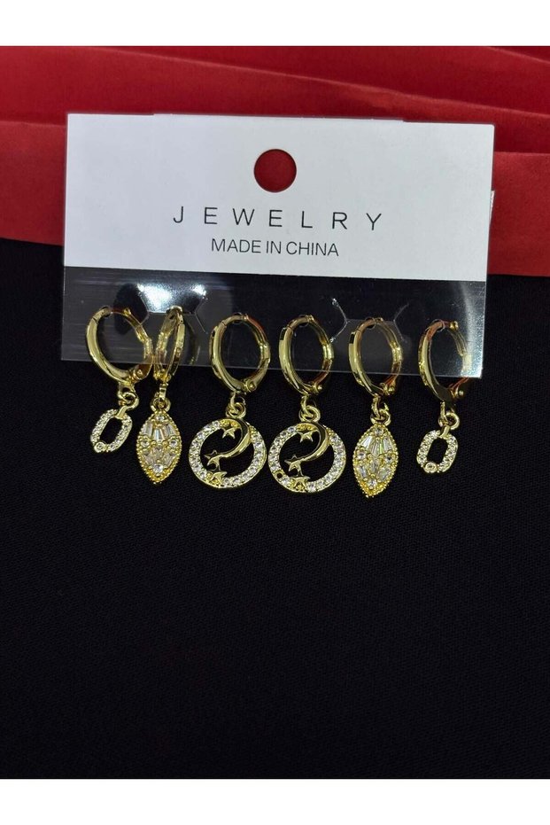 316L Steel Jewelry Gold Color Set of 6 Zircon Stone Earrings
