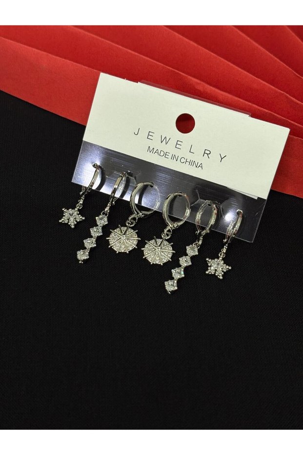 316L Steel Jewelry Silver Color Set of 6 Zircon Stone Earrings