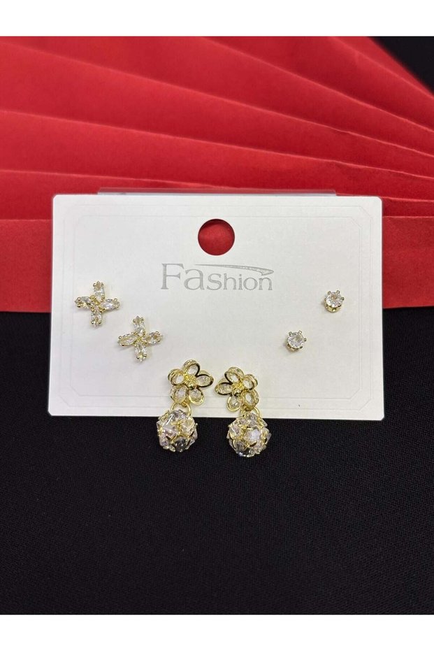 316L Steel Fashion Gold Color Set of 6 Zircon Stone Earrings