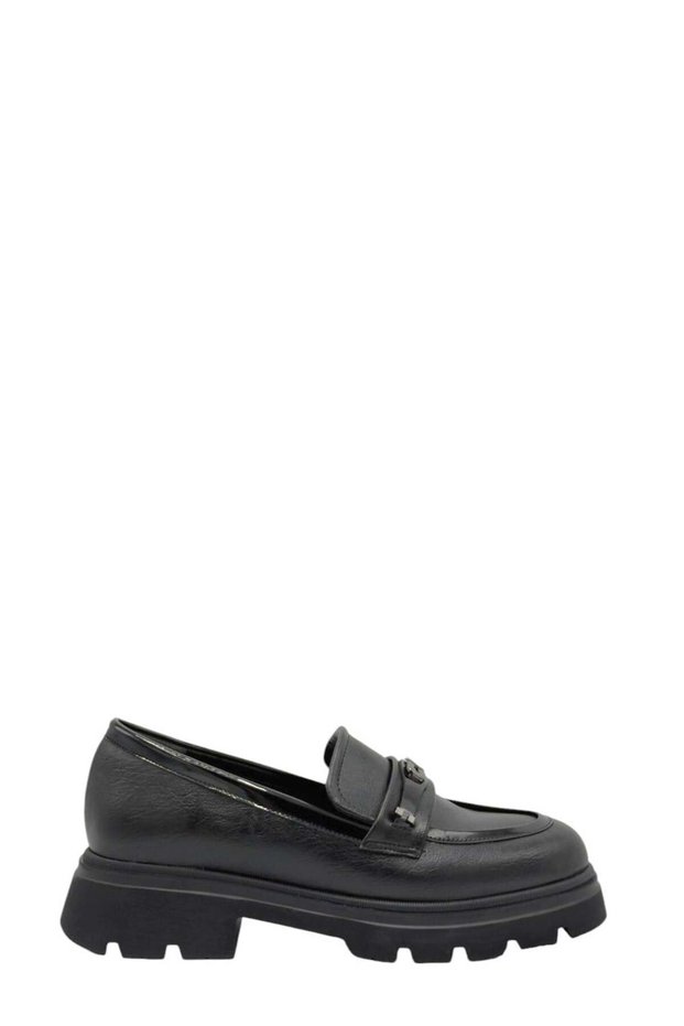 Black Leather High Sole Buckle Women's Loafers (053 2608850)