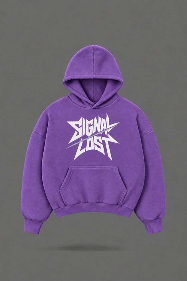 Oversize Signal Lost Printed Hooded Purple Sweatshirt