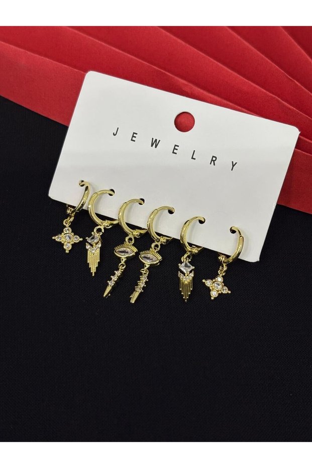 316L Steel Jewelry Gold Color Set of 6 Zircon Stone Earrings