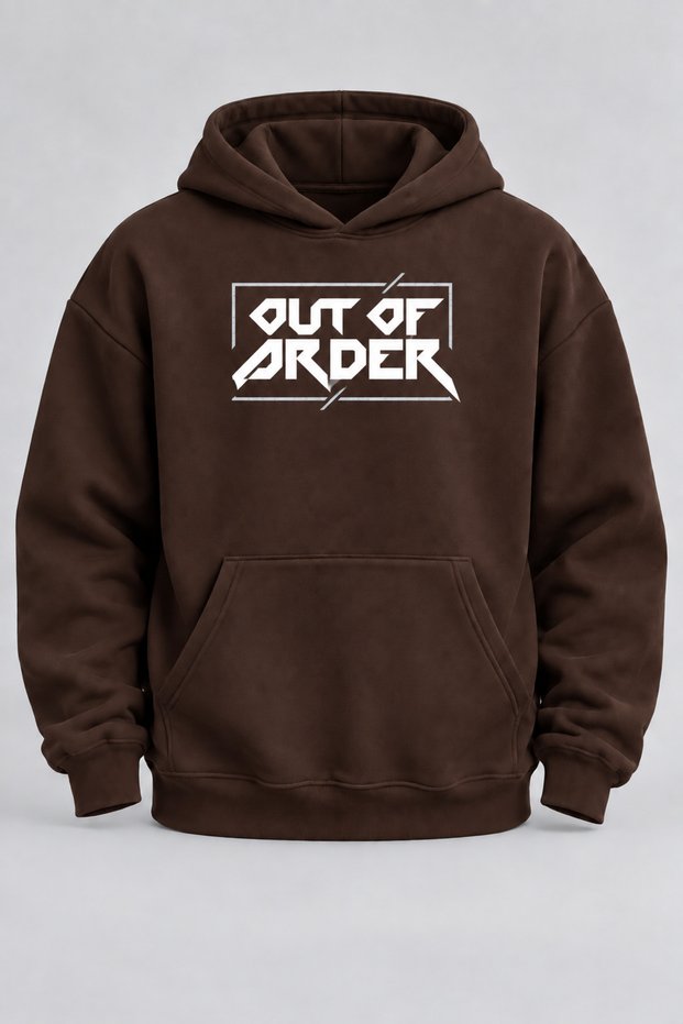 Oversize Out of Order Printed Hooded Brown Sweatshirt