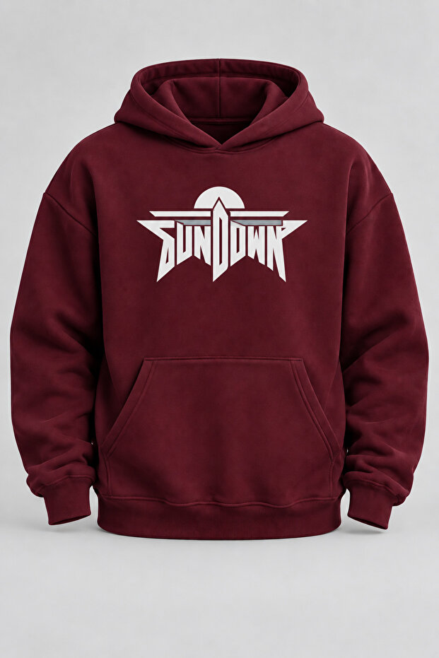 Oversize Sundown Printed Hooded Burgundy Sweatshirt