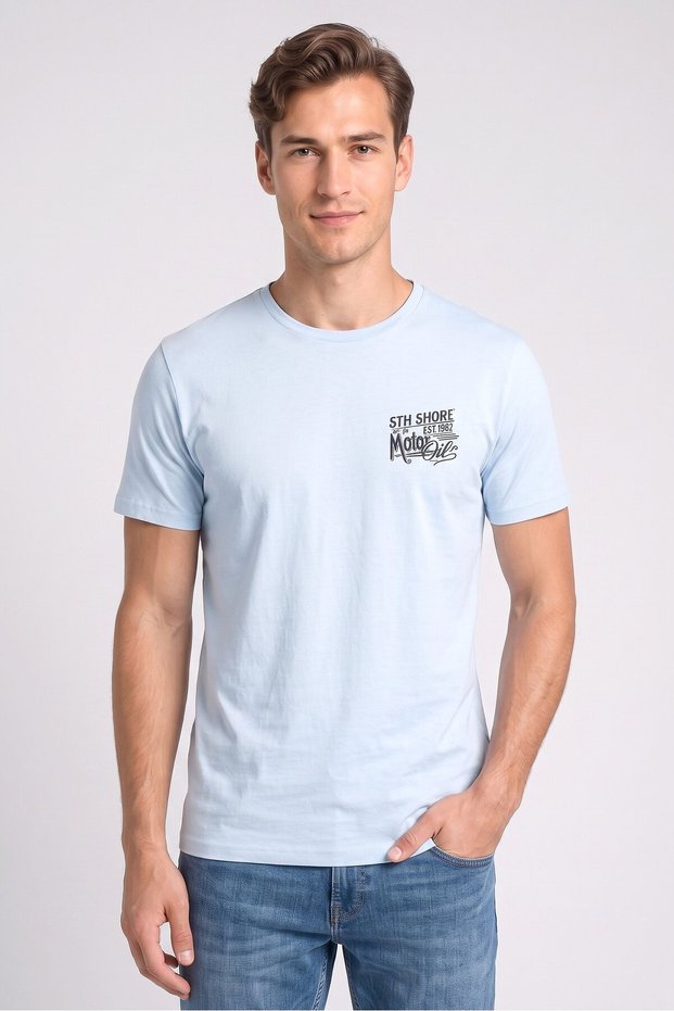 Men Crew Neck Short Sleeve Brand Logo T-Shirt, Light Blue