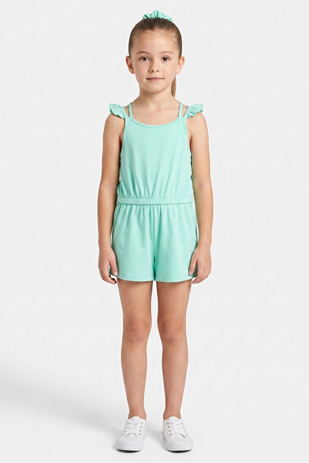 Kids Girl 2 Pcs Textured Jumpsuit And Scrunchies, Turquoise