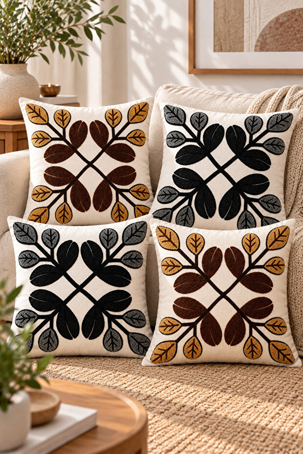 Set of 4 Floral Decorative Throw Pillow Covers 43X43 Cm, 3D Effect Digital Printed - Monochrome Leaves